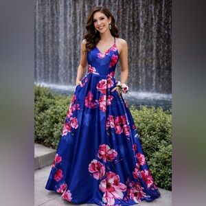 By & By Blue Floral Satin Gown w/ Pockets Size 7 NWT Prom Formal